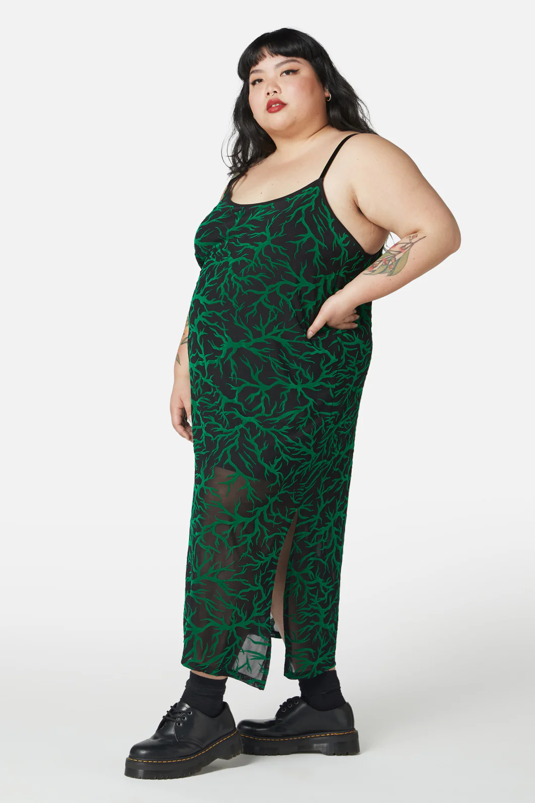 Curve Neglected Flocked Mesh Midi Dress - Image 3