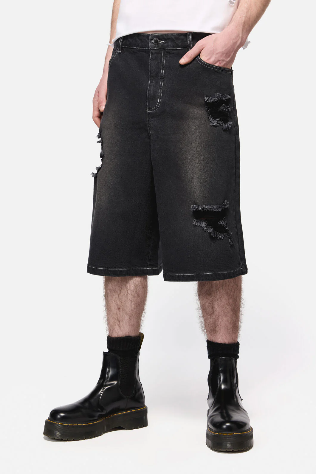 Denim Distressed Unisex Wide Leg Jorts - Image 2