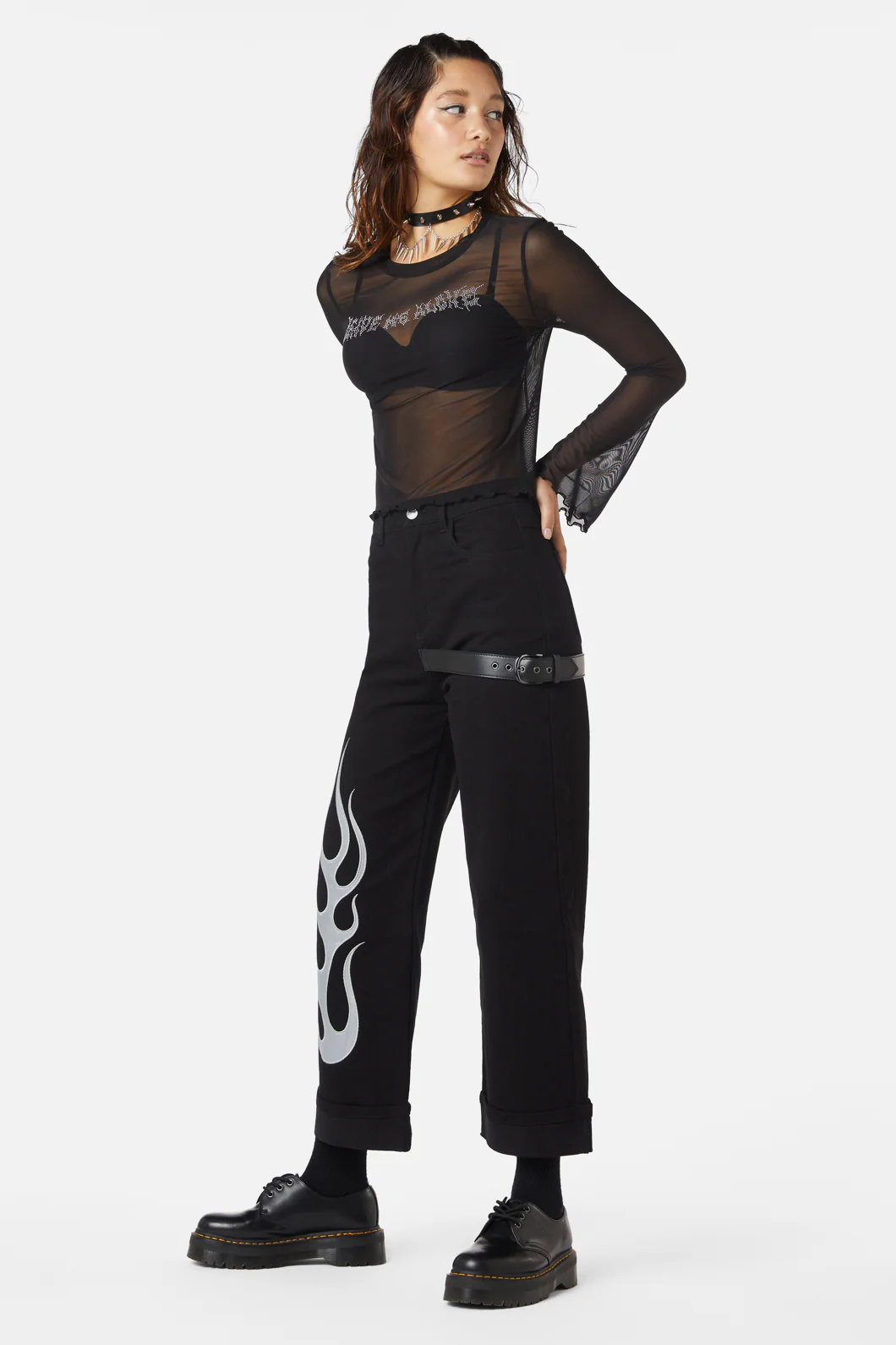 Diamante Leave Me Alone Mesh Flare Sleeve Top - Image 3