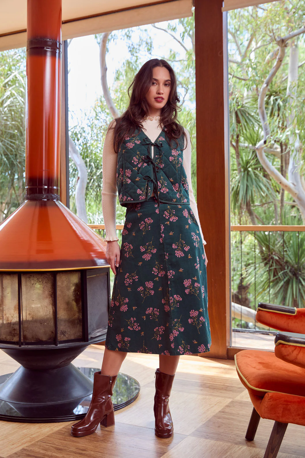 Flora Bee Cord Midi Skirt - Image 2