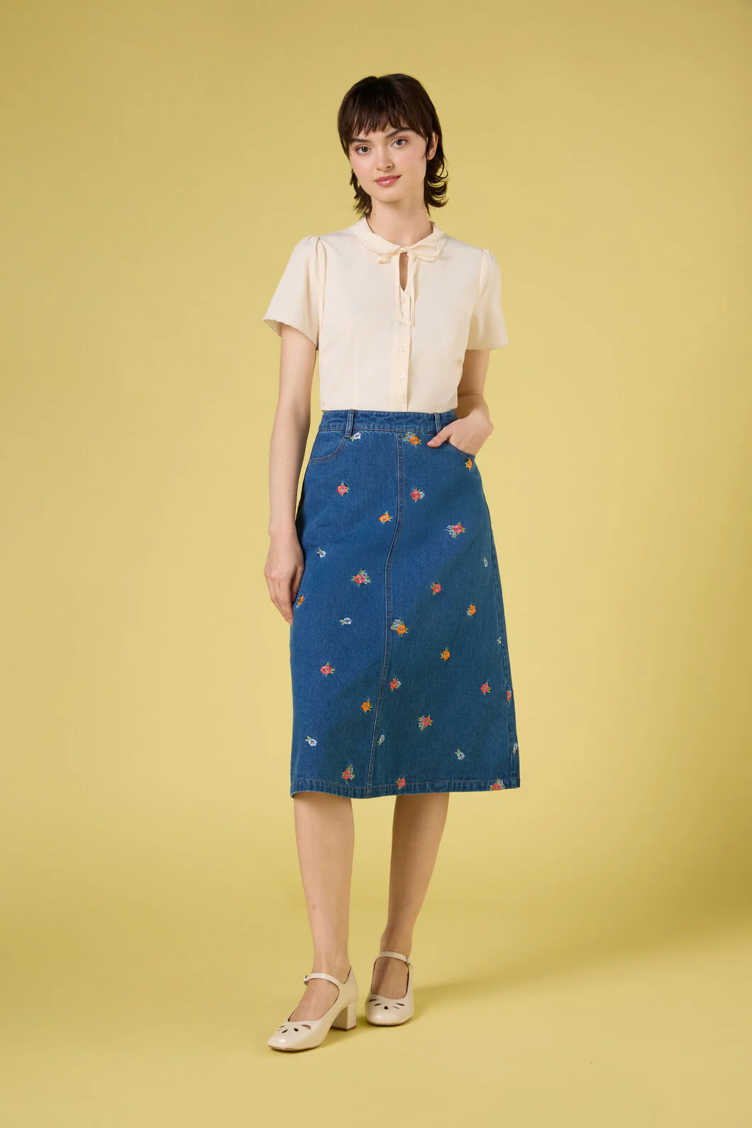 Floral Embroidered Denim Skirt - Image 3