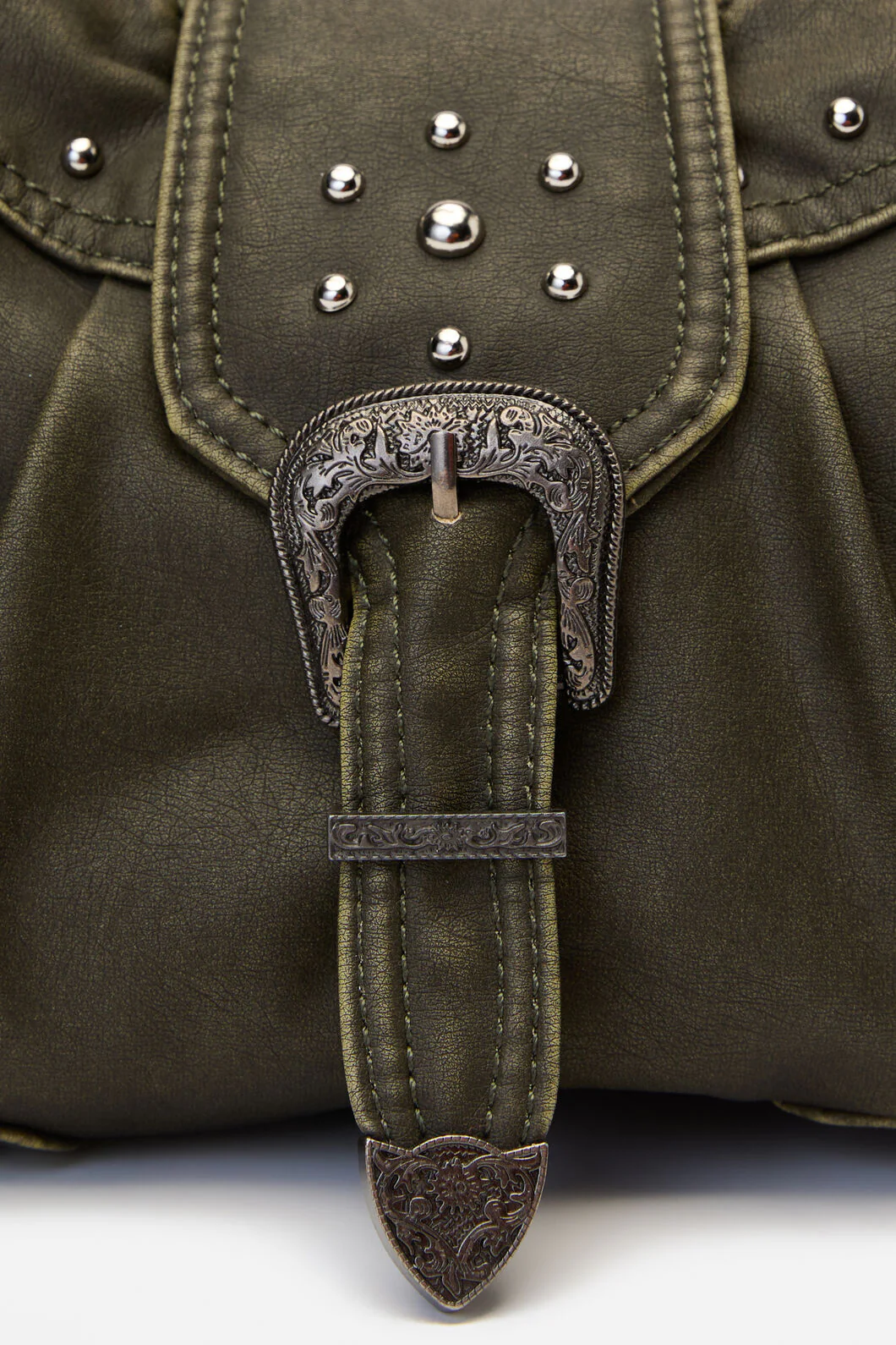 Olive Vintage Buckle & Stud Bag - Image 8